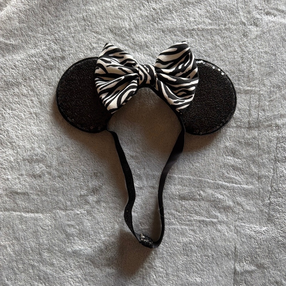 Black Sequin Mouse Ears Headband Zebra Print Bow Disney Parks Style - I239